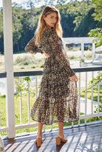 Load image into Gallery viewer, Evelyn Black/Brown Print Chiffon Shirred Long Sleeve Midi Dress