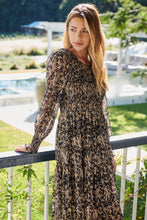 Load image into Gallery viewer, Evelyn Black/Brown Print Chiffon Shirred Long Sleeve Midi Dress