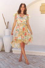 Load image into Gallery viewer, Aida Green Multi Floral Print Frill Evening Dress