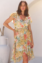 Load image into Gallery viewer, Aida Green Multi Floral Print Frill Evening Dress