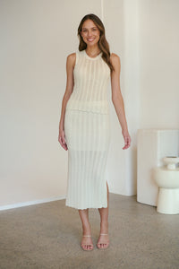 Eira Fitted Long Crochet Knit Beige Skirt (Part of a Set)