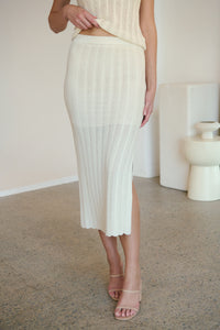 Eira Fitted Long Crochet Knit Beige Skirt (Part of a Set)