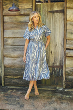 Load image into Gallery viewer, Liana Navy Blue Cream Print Puff Sleeve Button Front Midi Dress