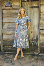 Load image into Gallery viewer, Liana Navy Blue Cream Print Puff Sleeve Button Front Midi Dress