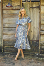 Load image into Gallery viewer, Liana Navy Blue Cream Print Puff Sleeve Button Front Midi Dress