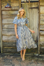 Load image into Gallery viewer, Liana Navy Blue Cream Print Puff Sleeve Button Front Midi Dress