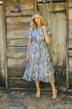 Load image into Gallery viewer, Liana Navy Blue Cream Print Puff Sleeve Button Front Midi Dress