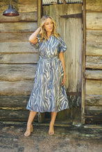 Load image into Gallery viewer, Liana Navy Blue Cream Print Puff Sleeve Button Front Midi Dress