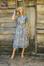 Load image into Gallery viewer, Liana Navy Blue Cream Print Puff Sleeve Button Front Midi Dress