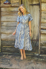 Load image into Gallery viewer, Liana Navy Blue Cream Print Puff Sleeve Button Front Midi Dress