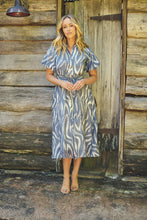 Load image into Gallery viewer, Liana Navy Blue Cream Print Puff Sleeve Button Front Midi Dress