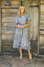 Load image into Gallery viewer, Liana Navy Blue Cream Print Puff Sleeve Button Front Midi Dress