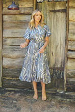 Load image into Gallery viewer, Liana Navy Blue Cream Print Puff Sleeve Button Front Midi Dress