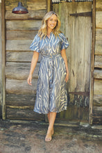 Load image into Gallery viewer, Liana Navy Blue Cream Print Puff Sleeve Button Front Midi Dress