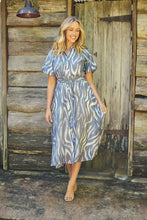 Load image into Gallery viewer, Liana Navy Blue Cream Print Puff Sleeve Button Front Midi Dress