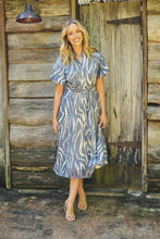 Load image into Gallery viewer, Liana Navy Blue Cream Print Puff Sleeve Button Front Midi Dress
