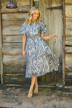 Load image into Gallery viewer, Liana Navy Blue Cream Print Puff Sleeve Button Front Midi Dress