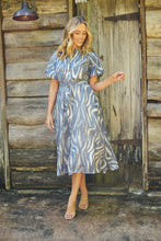 Load image into Gallery viewer, Liana Navy Blue Cream Print Puff Sleeve Button Front Midi Dress