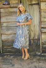Load image into Gallery viewer, Liana Navy Blue Cream Print Puff Sleeve Button Front Midi Dress