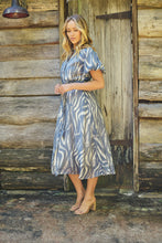 Load image into Gallery viewer, Liana Navy Blue Cream Print Puff Sleeve Button Front Midi Dress