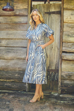 Load image into Gallery viewer, Liana Navy Blue Cream Print Puff Sleeve Button Front Midi Dress
