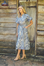 Load image into Gallery viewer, Liana Navy Blue Cream Print Puff Sleeve Button Front Midi Dress