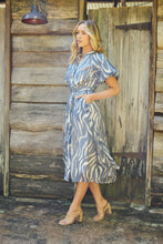 Load image into Gallery viewer, Liana Navy Blue Cream Print Puff Sleeve Button Front Midi Dress