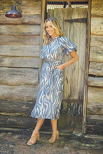 Load image into Gallery viewer, Liana Navy Blue Cream Print Puff Sleeve Button Front Midi Dress