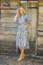 Load image into Gallery viewer, Liana Navy Blue Cream Print Puff Sleeve Button Front Midi Dress