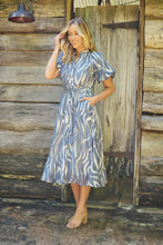 Load image into Gallery viewer, Liana Navy Blue Cream Print Puff Sleeve Button Front Midi Dress