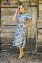 Load image into Gallery viewer, Liana Navy Blue Cream Print Puff Sleeve Button Front Midi Dress