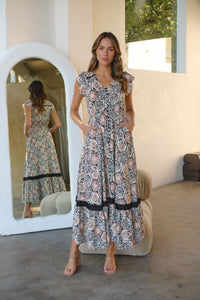 Augustina Cream/Rust/Black Print Button Front Maxi