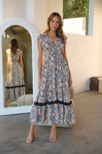 Augustina Cream/Rust/Black Print Button Front Maxi