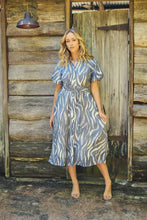 Load image into Gallery viewer, Liana Navy Blue Cream Print Puff Sleeve Button Front Midi Dress