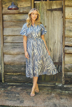 Load image into Gallery viewer, Liana Navy Blue Cream Print Puff Sleeve Button Front Midi Dress