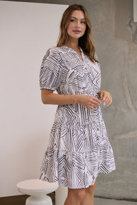 Hadley White/Black Abstract Print Frill Smock Dress