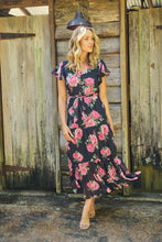 Load image into Gallery viewer, Rosetta Black/Pink Rose Print Chiffon Tiered Midi Evening Dress