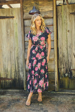 Load image into Gallery viewer, Rosetta Black/Pink Rose Print Chiffon Tiered Midi Evening Dress
