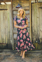 Load image into Gallery viewer, Rosetta Black/Pink Rose Print Chiffon Tiered Midi Evening Dress