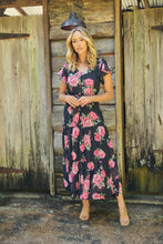 Load image into Gallery viewer, Rosetta Black/Pink Rose Print Chiffon Tiered Midi Evening Dress