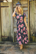 Load image into Gallery viewer, Rosetta Black/Pink Rose Print Chiffon Tiered Midi Evening Dress
