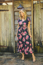 Load image into Gallery viewer, Rosetta Black/Pink Rose Print Chiffon Tiered Midi Evening Dress