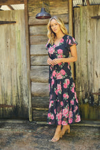 Load image into Gallery viewer, Rosetta Black/Pink Rose Print Chiffon Tiered Midi Evening Dress