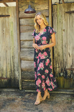 Load image into Gallery viewer, Rosetta Black/Pink Rose Print Chiffon Tiered Midi Evening Dress