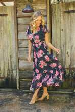 Load image into Gallery viewer, Rosetta Black/Pink Rose Print Chiffon Tiered Midi Evening Dress