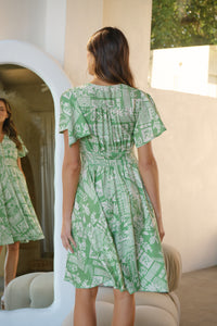 Carina Green Cream Nature Print Short Sleeve Dress