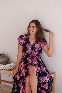 Augustina Black/HOT Pink Floral Button Front Maxi Dress