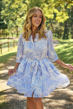 Load image into Gallery viewer, Gabrielle 3/4 Sleeve White/Baby Blue Print Collared Dress