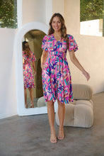 Load image into Gallery viewer, Carina Fuchsia Blue Block Print Short Sleeve Dress
