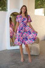 Load image into Gallery viewer, Carina Fuchsia Blue Block Print Short Sleeve Dress